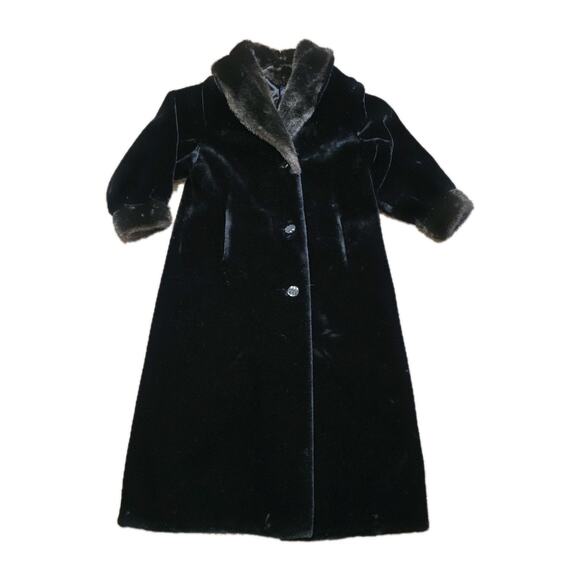 Vintage Black Faux Fur Coat Jacket Women 12 Mob Wife Vegan Long Old Money Button - Picture 1 of 11